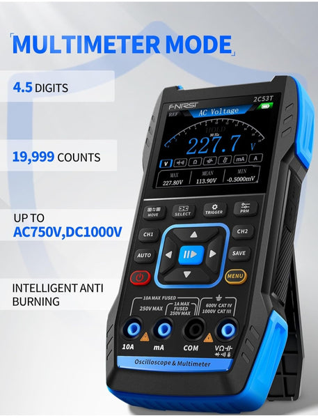 FNIRSI 2C53T Oscilloscopio Portatile, Oscilloscopio/Multimetro/Generatore DDS Digitale 3IN1, Freq. di Campionamento 250MS/s, 50MHz, 19999 Conteggi, Test di Tensione, Corrente, Condensatore, Resistore