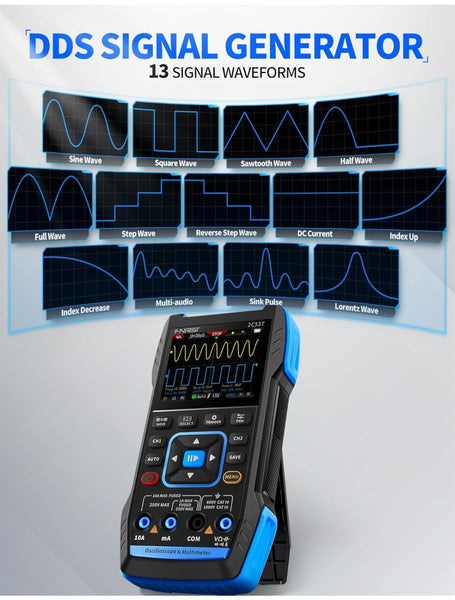 FNIRSI 2C53T Oscilloscopio Portatile, Oscilloscopio/Multimetro/Generatore DDS Digitale 3IN1, Freq. di Campionamento 250MS/s, 50MHz, 19999 Conteggi, Test di Tensione, Corrente, Condensatore, Resistore