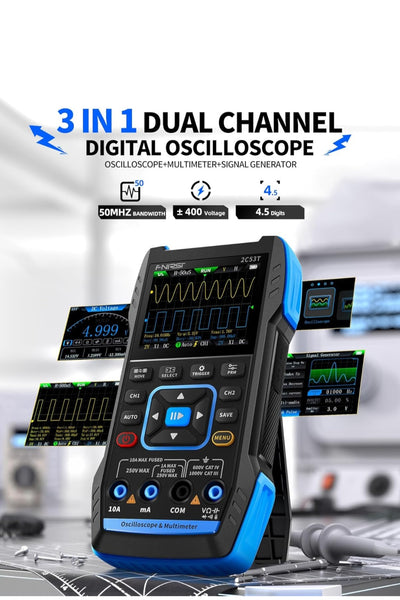 FNIRSI 2C53T Oscilloscopio Portatile, Oscilloscopio/Multimetro/Generatore DDS Digitale 3IN1, Freq. di Campionamento 250MS/s, 50MHz, 19999 Conteggi, Test di Tensione, Corrente, Condensatore, Resistore