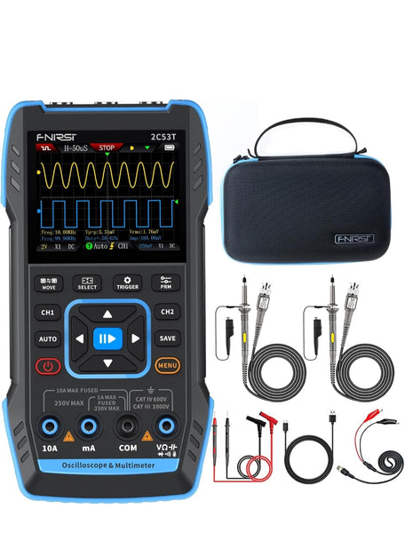 FNIRSI 2C53T Oscilloscopio Portatile, Oscilloscopio/Multimetro/Generatore DDS Digitale 3IN1, Freq. di Campionamento 250MS/s, 50MHz, 19999 Conteggi, Test di Tensione, Corrente, Condensatore, Resistore