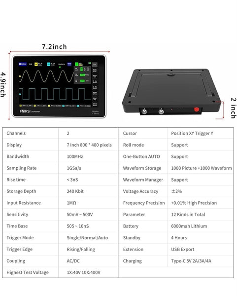 FNIRSI 1013D Oscilloscopio,Oscilloscopio Digitale Oscilloscopio Portatile 2 Canali Larghezza di Banda da 100 MHz, velocità di campionamento di 1 GSA/s, Schermo tattile LCD TFT da 7".